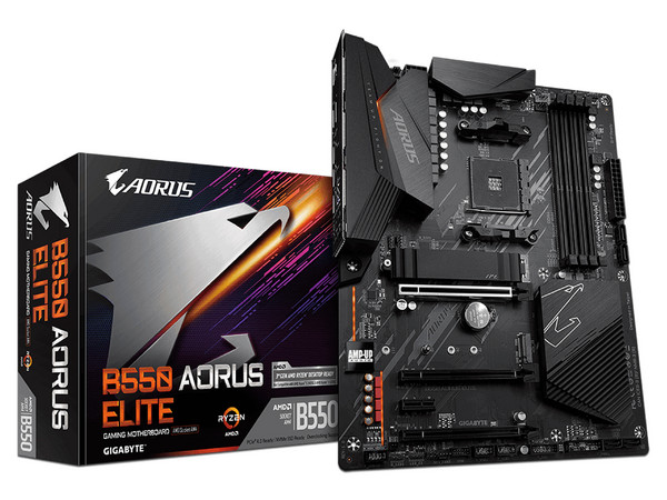 T. Madre Gigabyte B550 AORUS ELITE, ChipSet AMD B550, Soporta: AMD Ryzen 3era Generación, Memoria: DDR4 4000(O.C.) / 3200 / 2133 MHz, 128GB Max, Integrado: Audio HD, Red, USB 3.1 y SATA 3.0, ATX, Ptos: 3xPCIEx16, 1xPCIEx1.