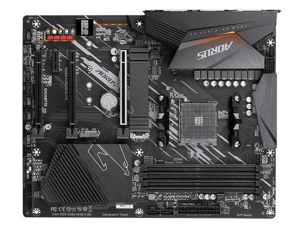 T. Madre Gigabyte B550 AORUS ELITE, ChipSet AMD B550, Soporta: AMD Ryzen 3era Generación, Memoria: DDR4 4000(O.C.) / 3200 / 2133 MHz, 128GB Max, Integrado: Audio HD, Red, USB 3.1 y SATA 3.0, ATX, Ptos: 3xPCIEx16, 1xPCIEx1.