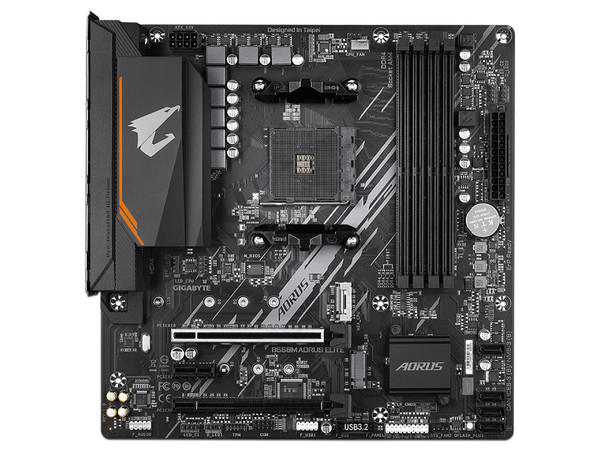 T. Madre GIGABYTE B550M AORUS ELITE, Chipset AMD B550,
Soporta: AMD Ryzen 3ra, 4ta y 5ta Generación, Socket AM4,
Memoria: DDR4 4733/3333/2133 MHz, 128GB Max,
Integrado: Audio HD, Red, USB 3.2,
SATA 3.0, M.2,
Micro-ATX, Ptos: 2xPCIEx16, 1xPCIEx1.