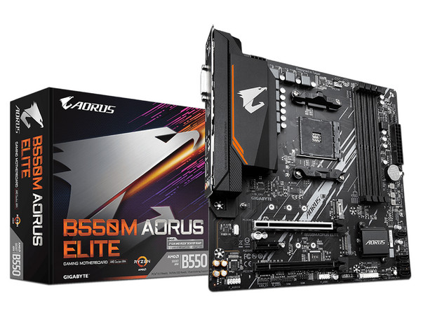 T. Madre GIGABYTE B550M AORUS ELITE, Chipset AMD B550,
Soporta: AMD Ryzen 3ra, 4ta y 5ta Generación, Socket AM4,
Memoria: DDR4 4733/3333/2133 MHz, 128GB Max,
Integrado: Audio HD, Red, USB 3.2,
SATA 3.0, M.2,
Micro-ATX, Ptos: 2xPCIEx16, 1xPCIEx1.