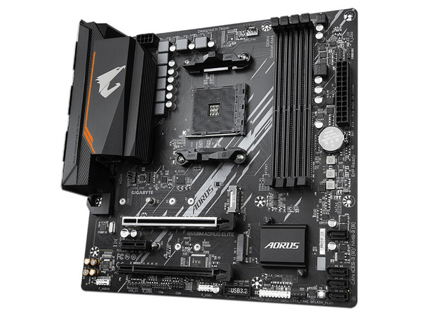 T. Madre GIGABYTE B550M AORUS ELITE, Chipset AMD B550,
Soporta: AMD Ryzen 3ra, 4ta y 5ta Generación, Socket AM4,
Memoria: DDR4 4733/3333/2133 MHz, 128GB Max,
Integrado: Audio HD, Red, USB 3.2,
SATA 3.0, M.2,
Micro-ATX, Ptos: 2xPCIEx16, 1xPCIEx1.