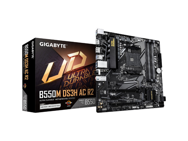 T. Madre GIGABYTE B550M DS3H AC (Rev 2),
Chipset AMD B550,
Segmento: Medio,
Soporta: AMD Ryzen 3ra 4ta 5ta Gen, Socket AM4,
RAM: DDR4 4733/3200/2133 MHz, 128GB Max,
Audio HD, Red, Wi-Fi 5, Bluetooth 5.0,
USB 3.1, USB Tipo C  SATA 3.0, M.2, Micro-ATX