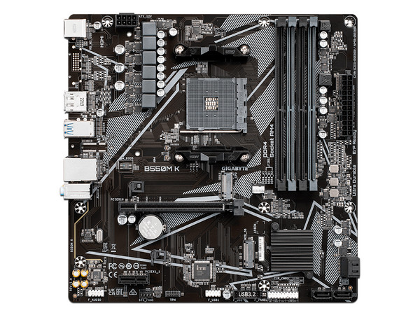 T. Madre Gigabyte B550M K,
Chipset AMD B550,
Segmento: Medio,
Soporta: AMD Ryzen 3ra, 4ta 5ta Generación, Socket AM4,
Memoria: DDR4 4733/3866/2133 MHz, 128GB Max,
Audio HD, Red, USB 3.0,
SATA 3.0, M.2,
Micro-ATX, Ptos: PCIE 4.0 x16, PCIE 3.0 x1