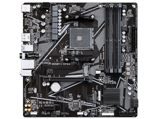 T. Madre Gigabyte B550M K WF6E,
Chipset AMD B550,
Segmento: Medio,
Soporta: AMD Ryzen 3ra, 4ta 5ta Generación, Socket AM4,
Memoria: DDR4 4733/3866/2133 MHz, 128GB Max,
Wi-Fi,  Audio HD, Red, USB 3.0, SATA 3.0, M.2,
Micro-ATX, Ptos: PCIE 4.0 x16.