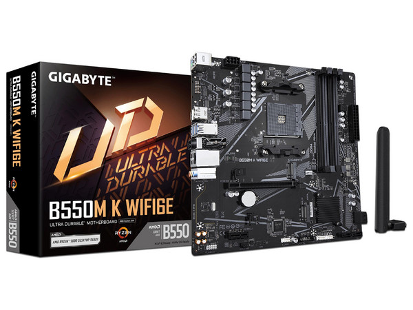 T. Madre Gigabyte B550M K WF6E,
Chipset AMD B550,
Segmento: Medio,
Soporta: AMD Ryzen 3ra, 4ta 5ta Generación, Socket AM4,
Memoria: DDR4 4733/3866/2133 MHz, 128GB Max,
Wi-Fi,  Audio HD, Red, USB 3.0, SATA 3.0, M.2,
Micro-ATX, Ptos: PCIE 4.0 x16.