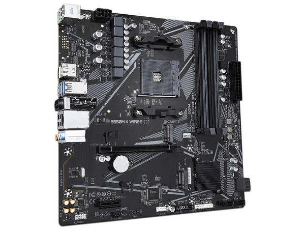 T. Madre Gigabyte B550M K WF6E,
Chipset AMD B550,
Segmento: Medio,
Soporta: AMD Ryzen 3ra, 4ta 5ta Generación, Socket AM4,
Memoria: DDR4 4733/3866/2133 MHz, 128GB Max,
Wi-Fi,  Audio HD, Red, USB 3.0, SATA 3.0, M.2,
Micro-ATX, Ptos: PCIE 4.0 x16.