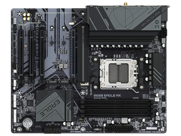 T. Madre Gigabyte B650 EAGLE AX:
Chipset AMD B650,
Segmento: Alto/Gamer,
Soporta Procesador AMD Ryzen 8va y 9na Generación, Socket AM5, 
RAM: DDR5 7600/6200/4800 MHz, 128GB Max, 
Integrado: Audio HD, Red, USB 3.2, M.2, Wi-Fi, ATX, 
Ptos: 1xPCIE4x16
