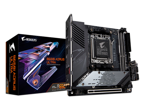 T. Madre GIGABYTE B650I AORUS ULTRA, Chipset B650,
Soporta: AMD Ryzen Serie 7000, Socket AM5,
Memoria: DDR5 6400(OC)/5600(OC)/4400 MHz, 96GB Max,
Integrado: Audio HD, Wi-Fi 6E, M.2, SATA III,
Mini-ITX, Ptos: 1xPCIe4.0x16