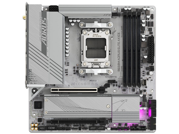 T. Madre Gigabyte B650M A ELITE AX ICE,
Chipset B650,
Segmento: Alto,
Soporta: Procesadores AMD Ryzen 8000, Socket AM5,
Memoria: DDR5 hasta 8000 MHz,
Integrado: Wi-Fi, Audio, Red,
Puertos: HDMI, DisplayPort, M.2,
Factor de forma: Micro ATX.