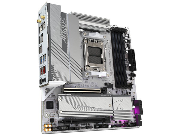 T. Madre Gigabyte B650M A ELITE AX ICE,
Chipset B650,
Segmento: Alto,
Soporta: Procesadores AMD Ryzen 8000, Socket AM5,
Memoria: DDR5 hasta 8000 MHz,
Integrado: Wi-Fi, Audio, Red,
Puertos: HDMI, DisplayPort, M.2,
Factor de forma: Micro ATX.