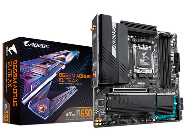 T. Madre Gigabyte B650M AORUS ELITE AX,
Chipset AMD B650,
Segmento: Alto/Gamer,
Soporta: AMD Ryzen 7ma Generación, Socket AM5,
Memoria: DDR5 6666/5600/5200/4400 MHz, 128GB Max,
Integrado: Audio HD, Red, USB 3.2, M.2,
Micro-ATX, Ptos: 2xPCIEx16.