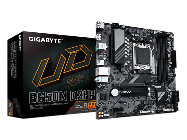 T. Madre Gigabyte B650M D3HP,
Chipset AMD B650,
Segmento: Alto,
Soporta: AMD Ryzen 7000 Series, Socket AM5,
Memoria: DDR5 7600/ 6400/ 5200 MHz, 192GB Max,
Audio HD, Red, USB 3.2, SATA 3.0,
Micro-ATX, Ptos: 1xPCIE4.0x16, 1xPCIE3.0x1.