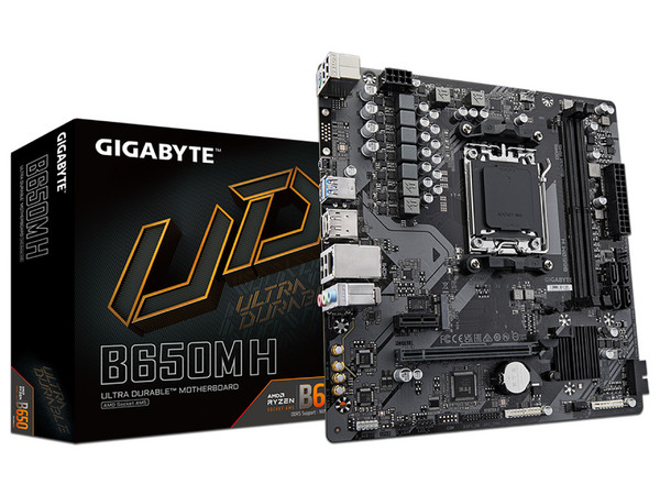 T. Madre GIGABYTE B650M H (rev 1.0),
Chipset AMD B650,
Segmento: Alto, 
Soporta: AMD Ryzen 7000 y 8000 Series, Socket AM5, 
RAM: DDR5 6400/ 5200 /4400 MHz, 96GB Max, 
Audio HD, Red, USB 3.2, SATA 3.0,
M-ATX, Ptos: 1xPCIEx16, 1xPCIE3.0x1.