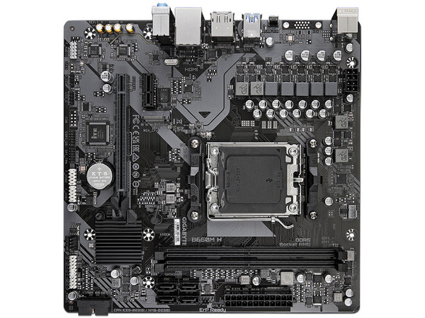 T. Madre GIGABYTE B650M H (rev 1.0),
Chipset AMD B650,
Segmento: Alto, 
Soporta: AMD Ryzen 7000 y 8000 Series, Socket AM5, 
RAM: DDR5 6400/ 5200 /4400 MHz, 96GB Max, 
Audio HD, Red, USB 3.2, SATA 3.0,
M-ATX, Ptos: 1xPCIEx16, 1xPCIE3.0x1.