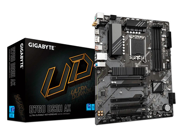 T. Madre Gigabyte B760 DS3H AX: Chipset Intel B760, 
Soporta: Intel 13va y 14va Generación, Socket 1700,
Memoria: DDR5 7600, 6400, 4800 MHz, 128GB Max, 
Integrado: AudioHD, WiFi 6E, USB 3.2 y SATA 3, M.2, 
ATX, Ptos: 5xPCIEx16.