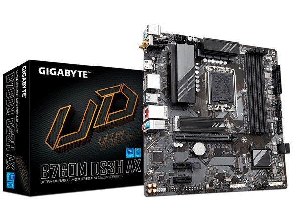 T. Madre Gigabyte B760M DS3H AX DDR5, Chipset Intel B760,
Soporta: Intel 13va y 14va Generación, Socket 1700,
Memoria: DDR5 7600, 7200, 4000 MHz, 192GB Max,
Integrado: AudioHD, WiFi 6E, USB 3.2 y SATA3, M.2,
Micro-ATX, Ptos: 1xPCIE4.0x16, 2xPCIE3.0x1