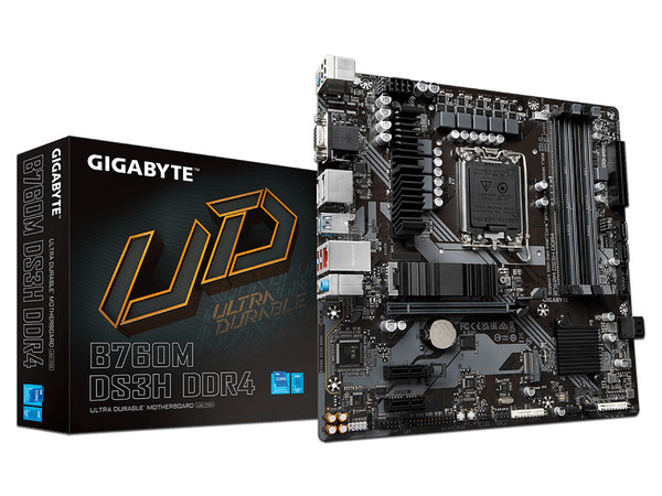 T. Madre GIGABYTE UD B760M, 
Chipset Intel B760, Soporta: Intel 12ma y 13va Generación de Socket 1700, 
Memoria: DDR4 5333, 3600, 2133 MHz, 128GB Max, 
Integrado: AudioHD, Red, USB 3.2 y SATA 3.0, M.2, Micro-ATX, 
Ptos: 1xPCIE4.0x16, 1xPCIE3.0x1