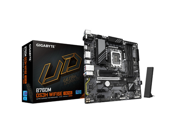T. Madre Gigabyte B760M DS3H WF6E GEN5, 
Chipset Intel B760,
Segmento: General,
Soporta: Procesador Intel Core 12va y 13va Gen, Socket 1700,
Memoria: DDR5 5600+ MHz, 256GB Máx,
Audio HD, Wi Fi, USB 3.2, USB C, M.2,
Micro-ATX, Ptos: 1xPCIe5.0x16.