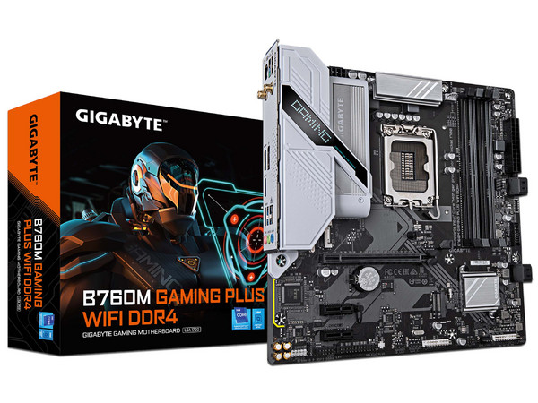 T. Madre Gigabyte B760M Gaming Plus DDR4, 
Chipset B760,
Segmento: Alto/Gamer,
Soporta: Procesadores Intel Core 12ª y 13ª Gen, Socket 1700,
Memoria: DDR4 3000, 2666, 5333 (O.C.) MHz, 128GB Max,
Integrado: Wi-Fi 6, Bluetooth 5.3, Audio HD.
