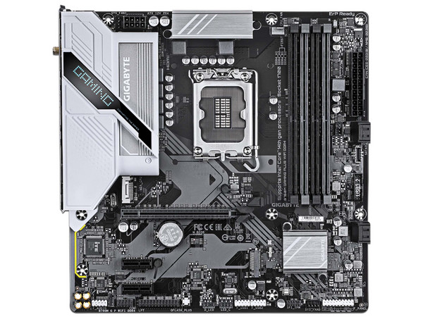 T. Madre Gigabyte B760M Gaming Plus DDR4, 
Chipset B760,
Segmento: Alto/Gamer,
Soporta: Procesadores Intel Core 12ª y 13ª Gen, Socket 1700,
Memoria: DDR4 3000, 2666, 5333 (O.C.) MHz, 128GB Max,
Integrado: Wi-Fi 6, Bluetooth 5.3, Audio HD.