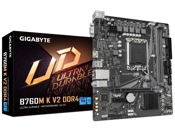 T. Madre GIGABYTE B760M K V2 DDR4, 
Chipset Intel B760, Soporta: Procesadores Intel 14ª, 13ª y 12ª Generación, Socket LGA1700,
Memoria: DDR4 3200/3000/2933 MHz, 64GB Max,
Integrado: Audio HD, Red GbE, HDMI, Micro-ATX,
Ptos: 1xPCIE4.0x16, 1xPCIE3.0x1.