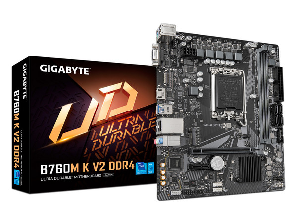 T. Madre GIGABYTE B760M K V2 DDR4: 
Chipset Intel B760,
Segmento: Alto,
Procesadores Intel 14va y 13va Generación, Socket 1700,
RAM: DDR4 3200/2666/2133MHz, 64GB Max,
Audio HD, Red, USB 3.2 y SATA,
M.2, Micro-ATX, Puertos: 1xPCIE4.0x16, 1xPCIE3.0x1