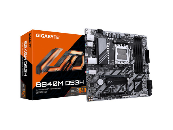 T. Madre Gigabyte B840M DS3H:
Chipset AMD B840,
Segmento: Alto,
Soporta: Procesadores AMD Serie 9000, 8000 y 7000, Socket AM5, 
Memoria: DDR5 7600/5600/4800MHz, 256GB Max,
Integrado: USB, M.2, 
Micro-ATX, Ptos: 1xPCIE4.0x16.