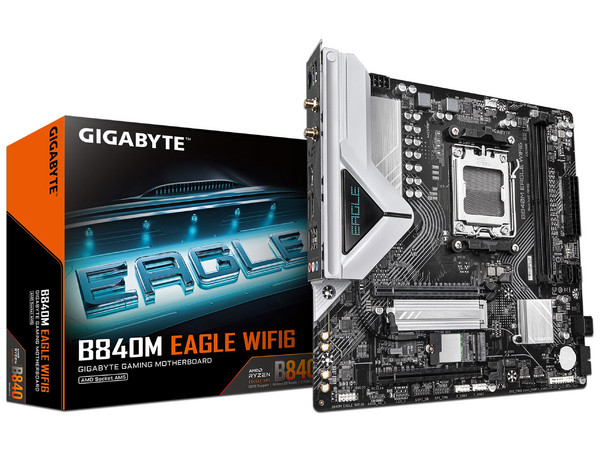 T. Madre Gigabyte B840M EAGLE WIFI6:
Chipset AMD B840,
Segmento: Alto,
Soporta: Procesadores AMD Serie 9000, 8000 y 7000, Socket AM5,
Memoria: DDR5 7600/5600/4800MHz, 128GB Max, 
Integrado: Wi-Fi, USB, M.2, 
Micro-ATX, Ptos: 1xPCIE4.0x16.