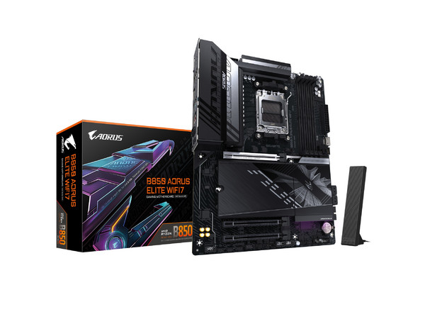 T.Madre Gigabyte AORUS ELITE WIFI7: Chipset AMD B850, 
Soporta: Procesadores AMD Ryzen de 7ma y 8va Generación, AM5,
Memoria DDR5 7800/6200/4800 MHz, 128GB Max, 
Integrado: Audio HD, Red, Wi-Fi 7, SATA 3.0, 
ATX, Ptos: 1xPCIE5.0x16.