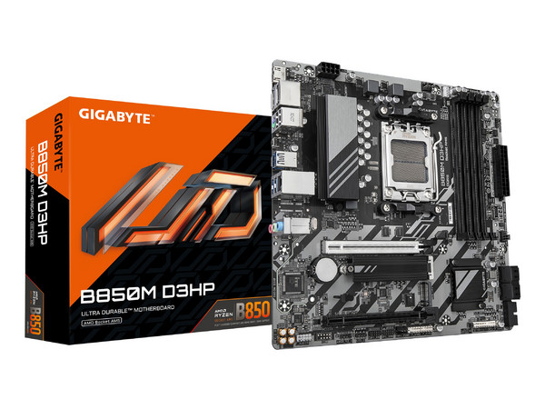T. Madre GIGABYTE B850M D3HP,
Chipset AMD B850,
Segmento: Alto,
Soporta: Procesadores AMD Serie 9000, Socket AM5,
Memoria: DDR5 8200(OC)/4800MHz, 256GB Max,
Integrado: HDMI 2.1, DisplayPort 1.4, Micro ATX,
1xPCIE5.0x16, 1xPCIE4.0x16, 1xPCIE3.0x16.