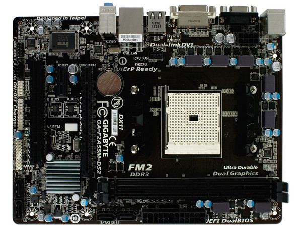 T. Madre Gigabyte F2A55M-DS2, Chipset AMD A55,
Soporta: AMD A10, A8, A6, Athlon X4 de Socket FM2,
Memoria: DDR3 2400(OC)/1866/1600/1333/1066 MHz, 64GB Max,
SATA 3.0,
Integrado: Audio HD, Red,
Micro-ATX, Ptos: 1xPCIEX16, 1xPCIEX1, 1PCI.