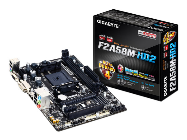 T. Madre Gigabyte F2A58M-HD2 Chipset A58,
Soporta: AMD A10/ A8/ A6/ A4/ Athlon X4 de Socket FM2+,
Memoria: DDR3 2400(OC) /1866/ 1600/ 1333 MHz, 64GB Max,
SATA 3.0,
Integrado: Audio HD, Red,
Micro-ATX, Ptos: 1xPCIEx16, 1xPCIEx1.