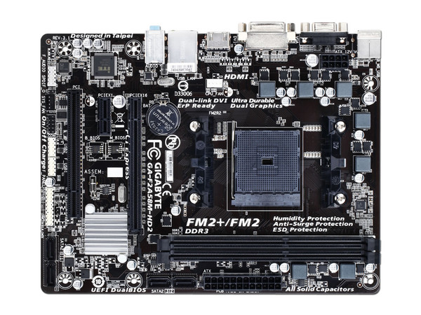 T. Madre Gigabyte F2A58M-HD2 Chipset A58,
Soporta: AMD A10/ A8/ A6/ A4/ Athlon X4 de Socket FM2+,
Memoria: DDR3 2400(OC) /1866/ 1600/ 1333 MHz, 64GB Max,
SATA 3.0,
Integrado: Audio HD, Red,
Micro-ATX, Ptos: 1xPCIEx16, 1xPCIEx1.