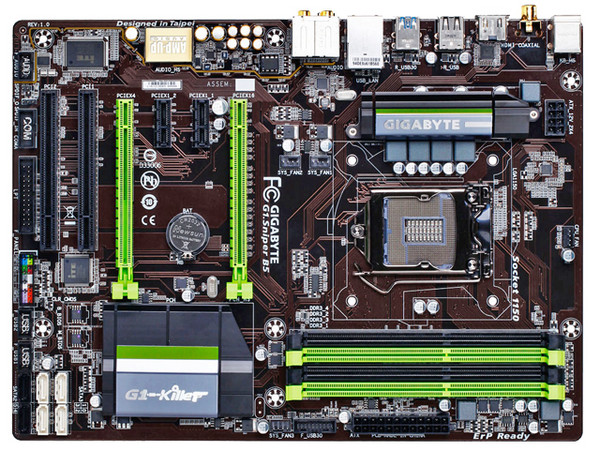 T. Madre Gigabyte G1.Sniper B5, ChipSet Intel B85 Exp.,
Soporta: Core i7/ i5/ i3 de Socket 1150,
Memoria: DDR3 1600/1333 MHz, 32 GB Max,
Integrado: Audio HD, Red,
USB 3.0 y SATA 3.0,
ATX, Ptos: 2xPCIEx16, 2xPCIEx1.