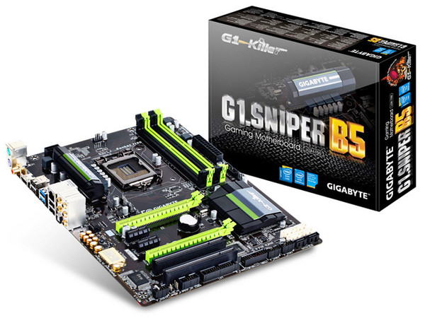 T. Madre Gigabyte G1.Sniper B5, ChipSet Intel B85 Exp.,
Soporta: Core i7/ i5/ i3 de Socket 1150,
Memoria: DDR3 1600/1333 MHz, 32 GB Max,
Integrado: Audio HD, Red,
USB 3.0 y SATA 3.0,
ATX, Ptos: 2xPCIEx16, 2xPCIEx1.