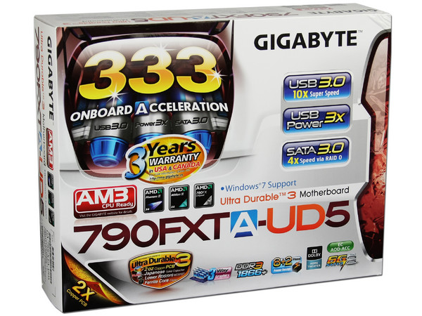 T. Madre Gigabyte GA-790FXTA-UD5, ChipSet AMD 790FX,
Soporta: Phenom II, Socket AM3,
USB 3.0 y Serial ATA 3.0,
Integrado: Audio HD, Red, 
Memoria: DDR3 1866(OC)/1333MHz,
Diseño ATX, Ptos: 3xPCIE