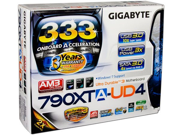 T. Madre Gigabyte GA-790XTA-UD4, ChipSet AMD 790X,
Soporta: Phenom II X3 y X4 de Socket AM3,
USB 3.0 y Serial ATA 3.0,
Memoria: DDR3 1866(OC)/1333/1066 MHz,
ATX, Ptos: 2xPCIEX16, 2xPCIEX1, 3xPCI