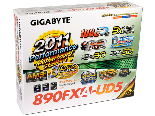 T. Madre Gigabyte GA-890FXA-UD5, ChipSet AMD 890FX,
Soporta: Phenom II X6 y X4 de Socket AM3+,
Integrado: Audio HD, Red 10/100/1000 Mbit,
USB 3.0 y Serial ATA 3.0,
Memoria: DDR3 2000(OC)/1333MHz,
Diseño ATX, Ptos: 4xPCIEX16,2xPCIEx1