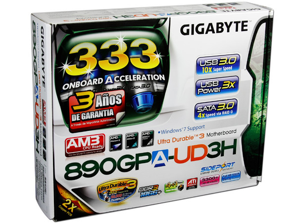 T. Madre Gigabyte GA-890GPA-UD3H, ChipSet AMD 890GX,
Soporta: Phenom II X3 y X4 de Socket AM3,
USB 3.0 y Serial ATA 3.0,
Integrado: Video Radeon HD4290, Audio HD, Red,
Memoria: DDR3 1866(OC)/1333/106