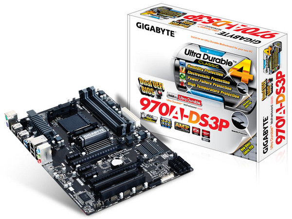 T. Madre Gigabyte 970A-DS3P, Chipset AMD 970,
Soporta: Phenom II, Athlon II y FX de Socket AM3+,
Memoria: DDR3 2000(OC)/1333/1066 MHz, Max. 32GB,
Integrado: Audio HD, Red,
SATA 3.0, USB 3.0, 
ATX, Ptos: 2xPCIEX16, 3xPCIEX1, 2xPCI