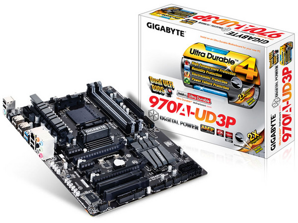 T. Madre Gigabyte 970A-UD3P, Chipset AMD 970,
Soporta: Phenom II, Athlon II y FX de Socket AM3+,
Memoria: DDR3 2000(OC)/1333/1066 MHz, Max. 32GB,
Integrado: Audio HD, Red,
SATA 3.0, USB 3.0, 
ATX, Ptos: 2xPCIEX16, 3xPCIEX1, 2xPCI