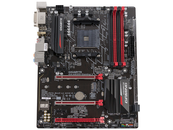 T. Madre Gigabyte GA-AB350-GAMING 3, ChipSet AMD B350, 
Soporta: AMD Ryzen/ Athlon / 7ma Gen A-Series de Socket AM4,
Memoria: DDR4 3200(O.C.)/2400/2133 MHz, 64GB Max,
Integrado: Audio HD, Red, USB 3.1 y SATA 3.0, 
ATX, Ptos: 3xPCIEx16, 2xPCIEx1.