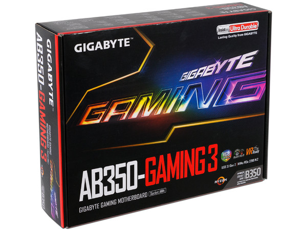 T. Madre Gigabyte GA-AB350-GAMING 3, ChipSet AMD B350, 
Soporta: AMD Ryzen/ Athlon / 7ma Gen A-Series de Socket AM4,
Memoria: DDR4 3200(O.C.)/2400/2133 MHz, 64GB Max,
Integrado: Audio HD, Red, USB 3.1 y SATA 3.0, 
ATX, Ptos: 3xPCIEx16, 2xPCIEx1.