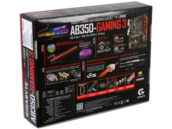 T. Madre Gigabyte GA-AB350-GAMING 3, ChipSet AMD B350, 
Soporta: AMD Ryzen/ Athlon / 7ma Gen A-Series de Socket AM4,
Memoria: DDR4 3200(O.C.)/2400/2133 MHz, 64GB Max,
Integrado: Audio HD, Red, USB 3.1 y SATA 3.0, 
ATX, Ptos: 3xPCIEx16, 2xPCIEx1.