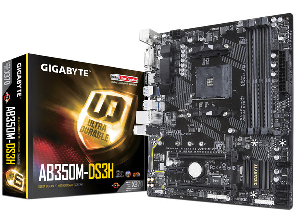 T. Madre Gigabyte GA-AB350M-DS3H, ChipSet B350, 
Soporta: AMD Ryzen/ Athlon / 7ma Gen A-Series de Socket AM4,
Memoria: DDR4 3200(O.C.)/2400/2133 MHz, 64GB Max,
Integrado: Audio HD, USB 3.1 y SATA 3.0, 
Micro ATX, Ptos: 2xPCIEx16, 1xPCI.