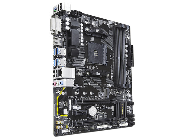 T. Madre Gigabyte GA-AB350M-DS3H, ChipSet B350, 
Soporta: AMD Ryzen/ Athlon / 7ma Gen A-Series de Socket AM4,
Memoria: DDR4 3200(O.C.)/2400/2133 MHz, 64GB Max,
Integrado: Audio HD, USB 3.1 y SATA 3.0, 
Micro ATX, Ptos: 2xPCIEx16, 1xPCI.