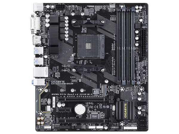 T. Madre Gigabyte GA-AB350M-DS3H, ChipSet B350, 
Soporta: AMD Ryzen/ Athlon / 7ma Gen A-Series de Socket AM4,
Memoria: DDR4 3200(O.C.)/2400/2133 MHz, 64GB Max,
Integrado: Audio HD, USB 3.1 y SATA 3.0, 
Micro ATX, Ptos: 2xPCIEx16, 1xPCI.