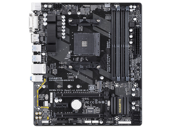 T. Madre GIGABYTE GA-AB350M-DS3H V2, Chipset AMD B350,
Soporta: Soporta AMD Ryzen 1ra y 2da Gen. / Athlon/ A Series 7ma Gen., Socket AM4,
Memoria: DDR4 3200/ 2933/ 2400/ 2133 MHz, 64GB Máx.,
Integrado: Audio Realtek ALC887, USB 3.0,
Micro-ATX.