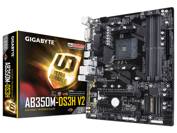 T. Madre GIGABYTE GA-AB350M-DS3H V2, Chipset AMD B350,
Soporta: Soporta AMD Ryzen 1ra y 2da Gen. / Athlon/ A Series 7ma Gen., Socket AM4,
Memoria: DDR4 3200/ 2933/ 2400/ 2133 MHz, 64GB Máx.,
Integrado: Audio Realtek ALC887, USB 3.0,
Micro-ATX.