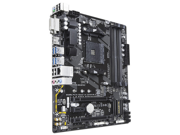 T. Madre GIGABYTE GA-AB350M-DS3H V2, Chipset AMD B350,
Soporta: Soporta AMD Ryzen 1ra y 2da Gen. / Athlon/ A Series 7ma Gen., Socket AM4,
Memoria: DDR4 3200/ 2933/ 2400/ 2133 MHz, 64GB Máx.,
Integrado: Audio Realtek ALC887, USB 3.0,
Micro-ATX.